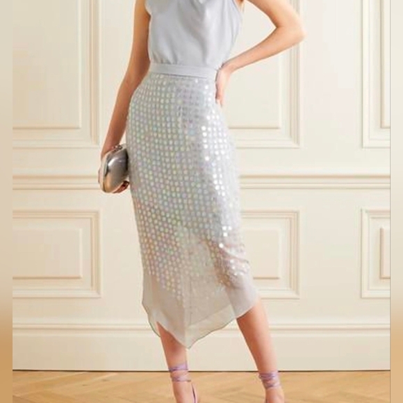 Cushnie Dresses & Skirts - Cushnie High Waisted Sheer Skirt, Silk, Silver Asymmetrical Sequins Iridescent